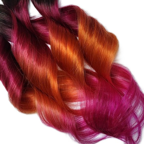 16 inch Remy Human Hair Extensions Red Pink Ombre Rainbow Dark Brown Root - Picture 2 of 3